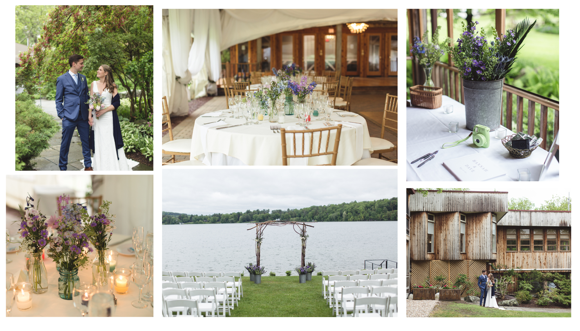 collage of photos of a wedding venue, table settings, and the bride and groom